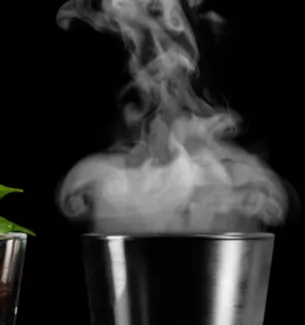 3 verres, 1 avec de l'eau, un second avec une plante et un 3e avec de la fumée sur fond noir