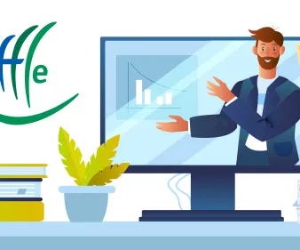 illustration homme sortant d'un écran d'ordinateur sur un bureau